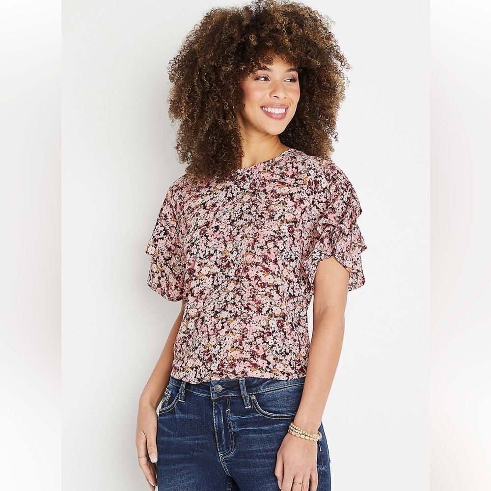 Pink Floral Flutter Sleeve Top✨